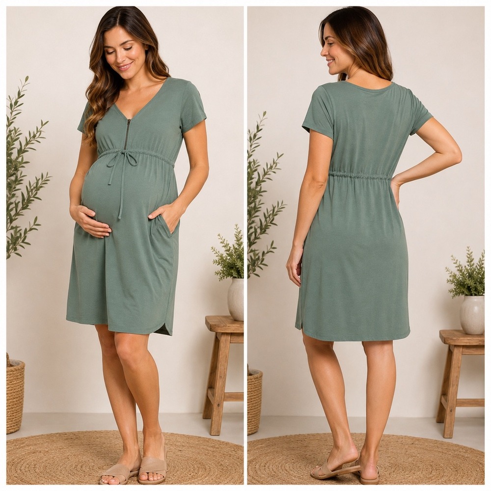 Angel Maternity Nursing Dress Women M Green Casual Zip Front Drawstring Pockets
